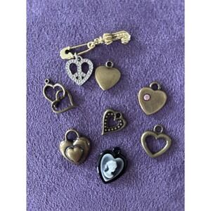 Lot Of Eight Brass/Bronze Colored‎ Heart Pendants. 3045